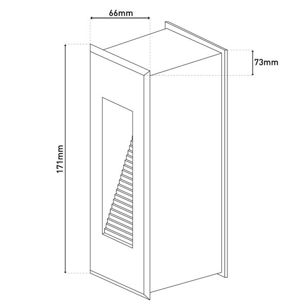 Abbildung einer Aussenleuchte mit den Maßen 171 mm Höhe, 66 mm Breite und 73 mm Tiefe.