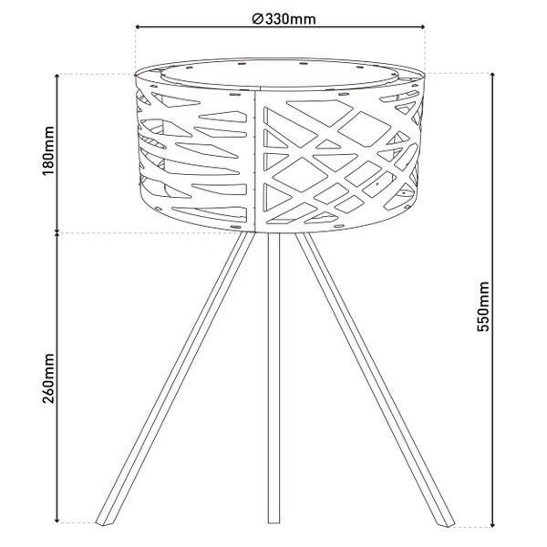 Stehlampe mit fünf Lampenschirmen in verschiedenen Formen und Farben.