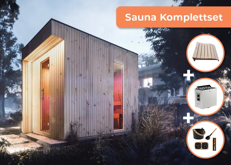 Modernes Sauna-Komplettset für den Außenbereich bestehend aus Holzsauna mit Glasfront, Saunaofen, Kopfstütze und Zubehörset.