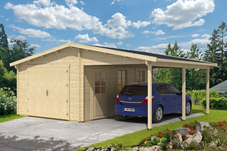 Alpholz Holzgarage mit Carport 44 ISO Garage aus Holz in natur, Unterstellplatz mit 44 mm Wandstärke, Fertiggarage mit Montagematerial imprägniert 6,7x5,3m