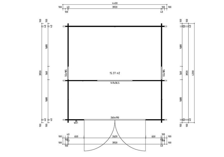 Draufsicht eines hellen Gartenhauses aus Holz mit zwei Räumen, eingerichtet mit großem Esstisch, Stühlen, Sideboard und einem Sofa im Nebenraum.