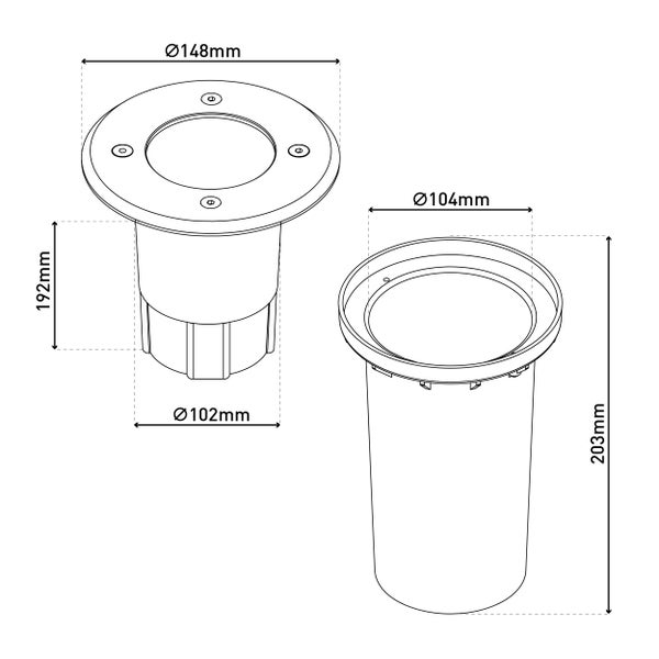 Technische Zeichnung einer Bodeneinbauleuchte mit Maßangaben
