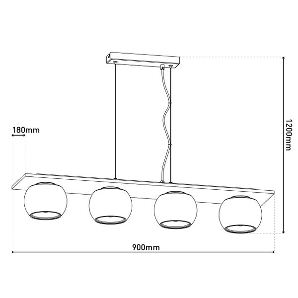 Technische Zeichnung einer Hängeleuchte mit vier Leuchten und den Maßen 900 mm Breite und 1200 mm Höhe