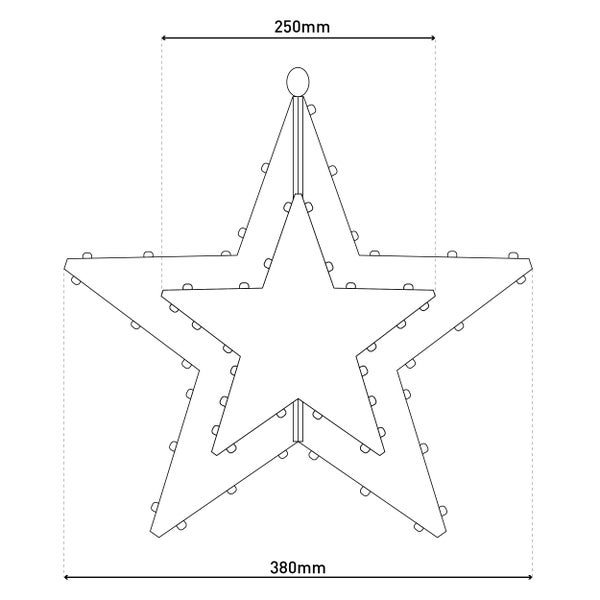 Abbildung einer dreistufigen LED-Sternleuchte mit den Maßen 250 mm Breite und 380 mm Höhe