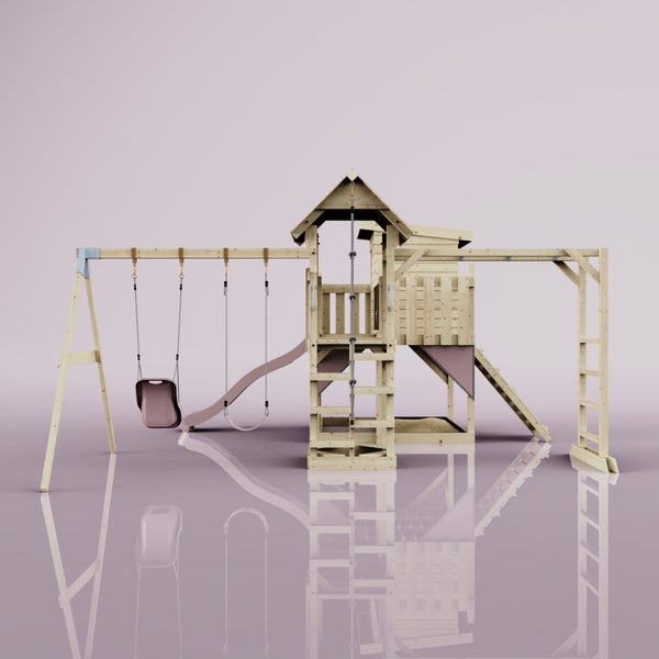 Holzspielturm mit Schaukel, Rutsche und Kletterwand für den Garten