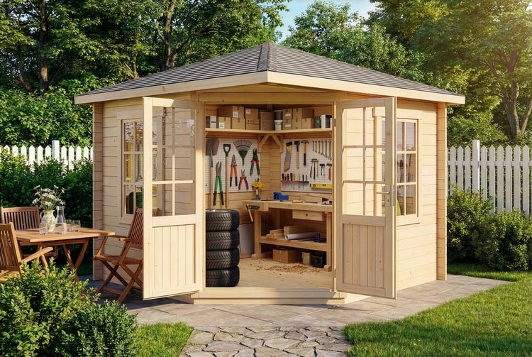 Geräumiges Gartenhaus mit Werkbank, Werkzeugen und Reifen im Außenbereich mit Gartentisch und Stühlen