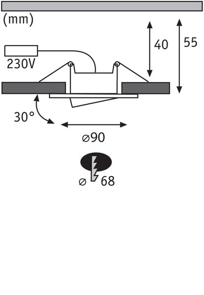Technische Zeichnung eines schwenkbaren Einbaustrahlers mit Maßen in Millimeter, Durchmesser 90 Millimeter und Einbaumaß 68 Millimeter.