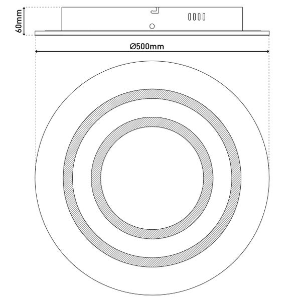 Technische Zeichnung einer Deckenleuchte mit einem Durchmesser von 500 mm und einer Höhe von 60 mm