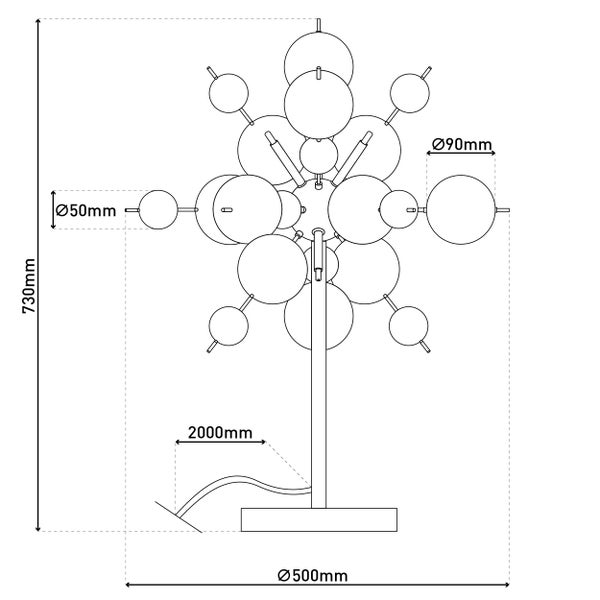 Technische Zeichnung einer Leuchte mit verschiedenen Kugelgrößen und Maßangaben