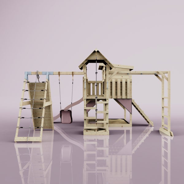 Holzspielplatz mit Schaukel, Rutsche, Kletterwand und Sandkasten