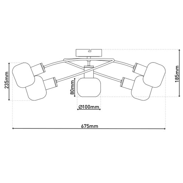 Deckenleuchte mit fünf Leuchtenarmen und grauen Glasschirmen