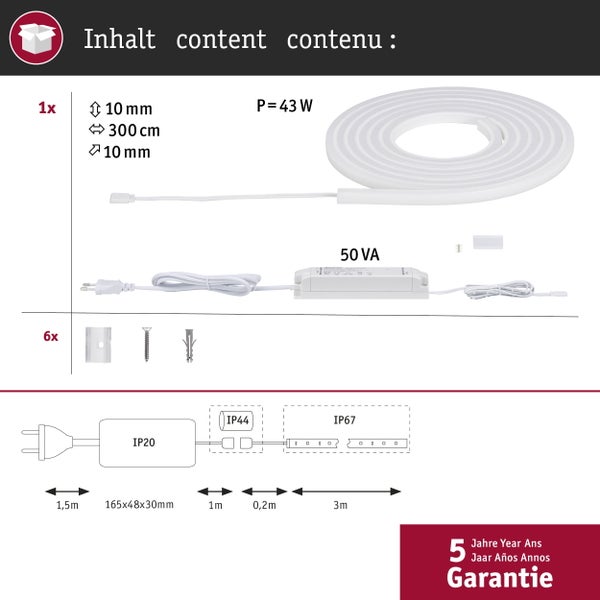 LED Strip Set inklusive Netzteil 50 VA, 300 cm Länge, Montagezubehör und 5 Jahre Garantie.