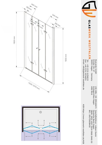 Technische Zeichnung einer Duschkabine mit Maßangaben