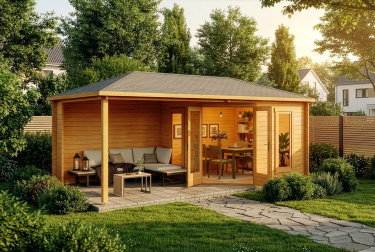 Gartenhaus mit Terrasse und Gartenmöbeln im Außenbereich