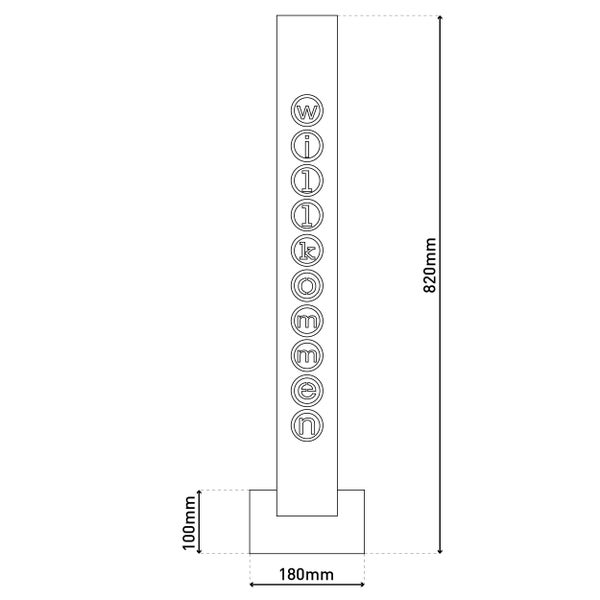 Technische Zeichnung einer Willkommen Leuchte mit Maßangaben