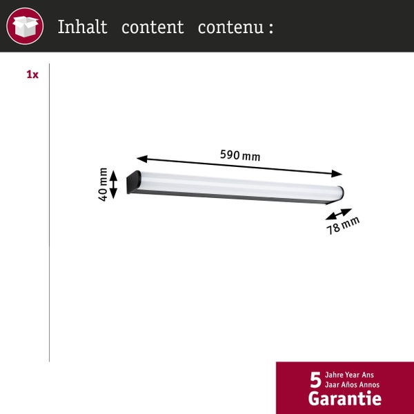 Technische Zeichnung einer LED Leiste mit Maßen 590 mal 40 mal 78 Millimeter und 5 Jahre Garantie