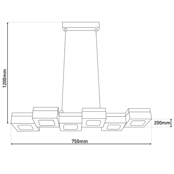 Technische Zeichnung einer Pendelleuchte mit den Maßen 1200 mm Höhe, 750 mm Länge und 200 mm Breite.