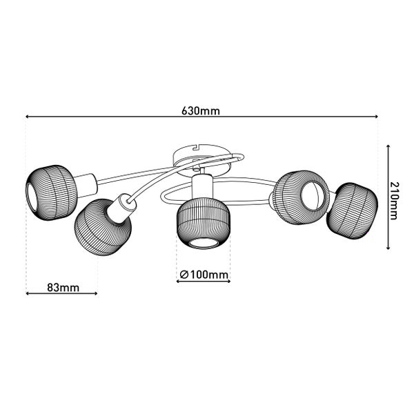 Technische Zeichnung einer Deckenleuchte mit fünf Leuchten und Maßangaben