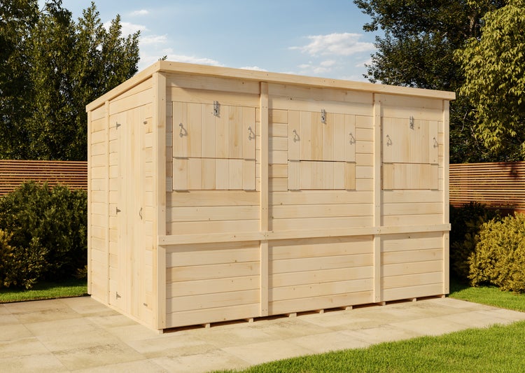 Großer Verkaufsstand aus naturbelassenem Holz mit drei Verkaufsklappen und einer Seitentür, freistehend auf einer Terrasse im Garten.