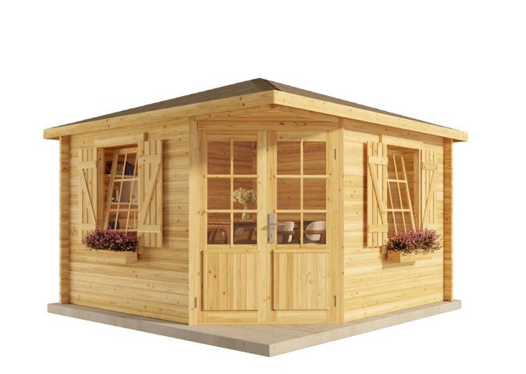Alpholz 5-Eck Gartenhaus Monica Royal aus Massiv-Holz, Blockbohlenhaus mit 40 mm Wandstärke, Holzhaus mit Imprägnierung (pinie), Garten Laube 350 x 350 cm, Spitzdach