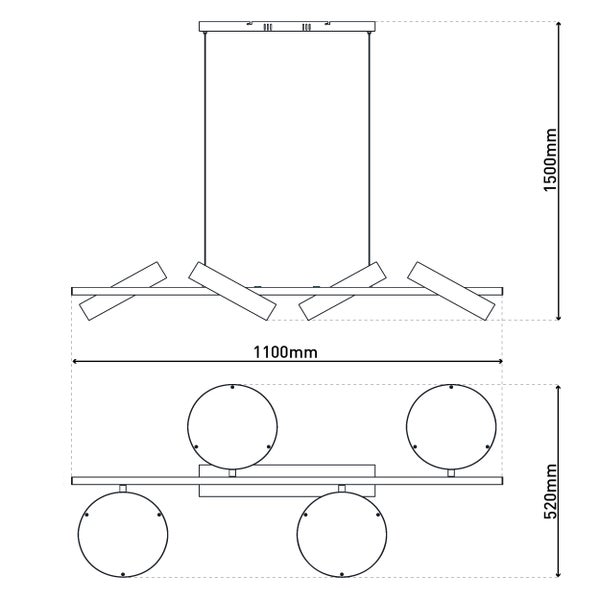 Technische Zeichnung einer Pendelleuchte mit den Maßen 1100 mm Breite, 1500 mm Höhe und 520 mm Tiefe.