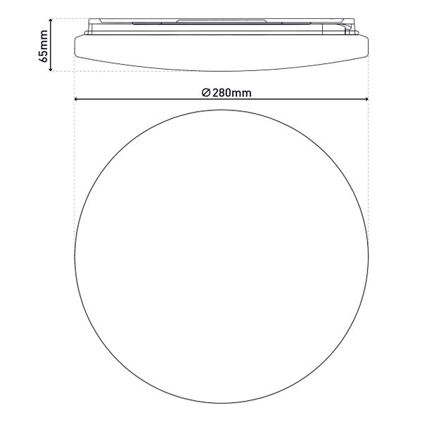 Technische Zeichnung einer runden Deckenleuchte mit den Maßen 280 mm Durchmesser und 65 mm Höhe