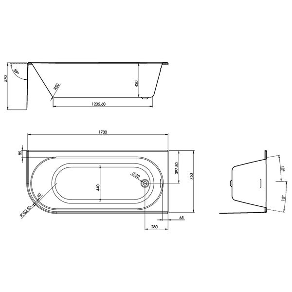 Technische Zeichnung einer Badewanne mit Abmessungen