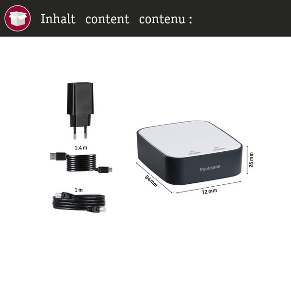 Lieferumfang Paulmann Smart Home Gateway inklusive Netzstecker, USB Kabel und Netzwerkkabel mit Maßangaben.