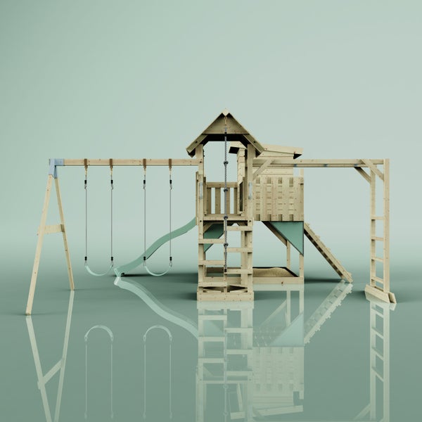 Holzspielplatz mit Schaukeln, Rutsche und Kletterturm für den Garten