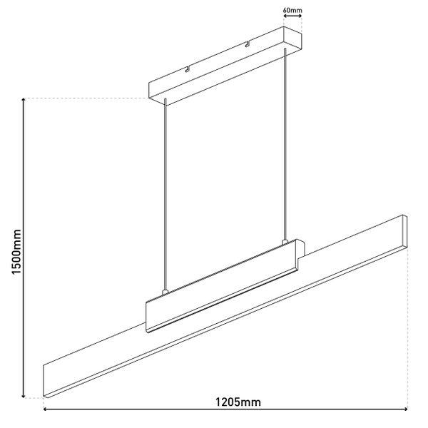 Abbildung der Maße einer Pendelleuchte: 1500 mm hoch, 1205 mm breit und 60 mm tief