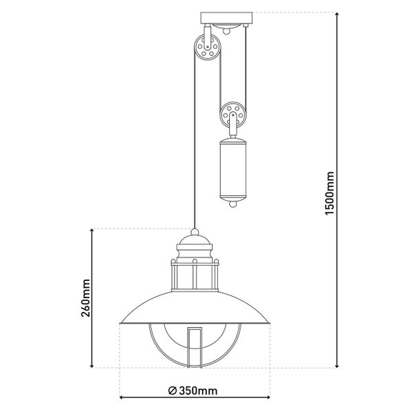 Technische Zeichnung einer Pendelleuchte mit den Maßen 350 mm Durchmesser, 260 mm Höhe und 1500 mm Gesamtlänge.