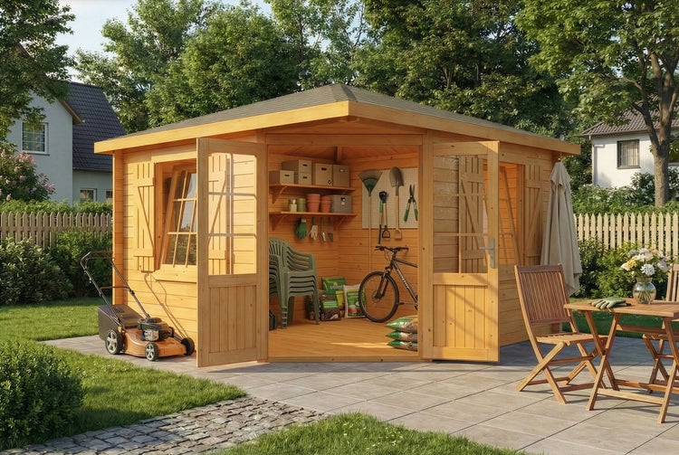 Geräumiges Gartenhaus aus Holz mit geöffneten Türen, umgeben von Gartengeräten und Möbeln.