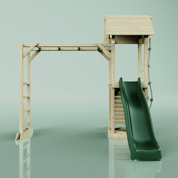 Spielturm mit Rutsche, Leiter, Kletterseil und Reck