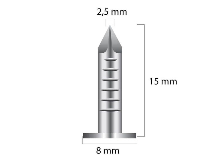 Technisches Diagramm eines Nagels mit einer Gesamtlänge von 15 Millimetern, einem Durchmesser von 2,5 Millimetern und einem Kopfdurchmesser von 8 mm.