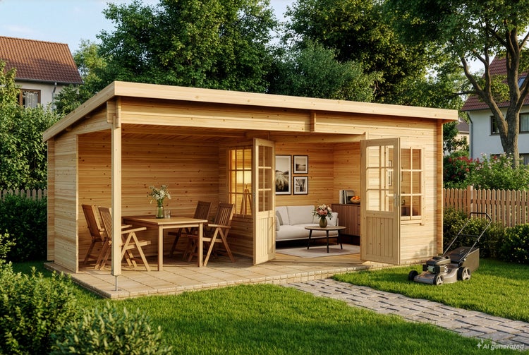 Modernes Gartenhaus aus Holz mit überdachter Terrasse, Sitzgruppe, gemütlichem Innenraum und Rasenmäher in einem gepflegten Garten.