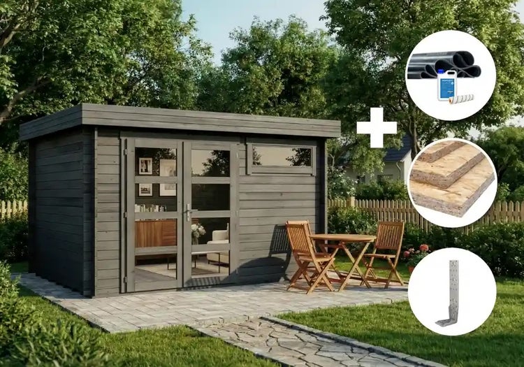 Graues Gartenhaus aus Holz mit Flachdach, Glasdoppeltür und Zubehörset inklusive EPDM-Dachfolie, OSB-Platten und Montagewinkeln.