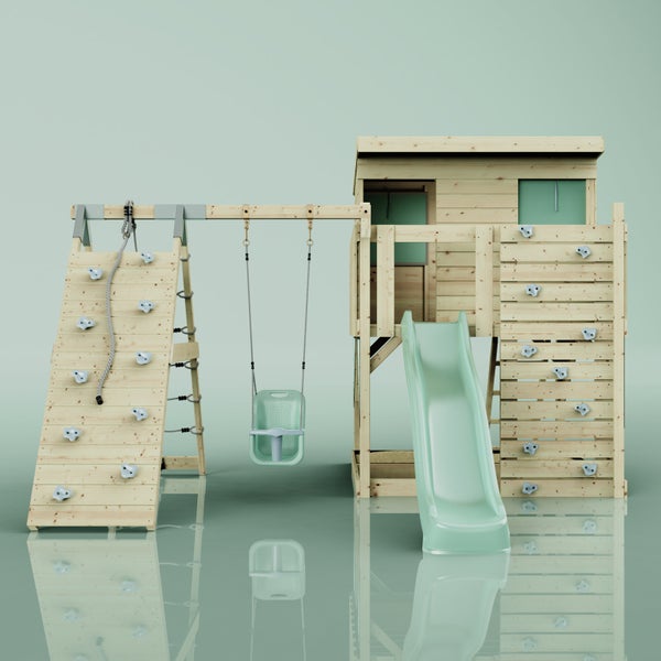 Holz-Spielturm mit Spielhaus, Rutsche, Babyschaukel und Kletterwand.