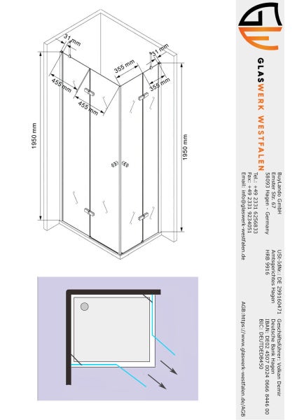 Technische Zeichnung einer Eckeinstiegsdusche mit Maßangaben