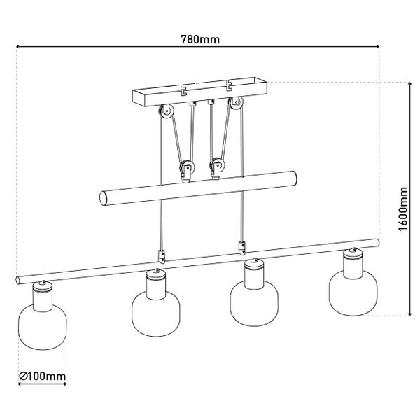 Technische Zeichnung einer Hängeleuchte mit vier Lampen, Abmessungen und Details.
