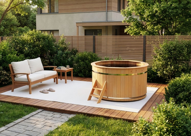 Rundes Badefass aus Holz mit kleiner Leiter auf einer Holzterrasse mit Gartensofa, Beistelltisch und hellem Teppich in einem grünen Garten.