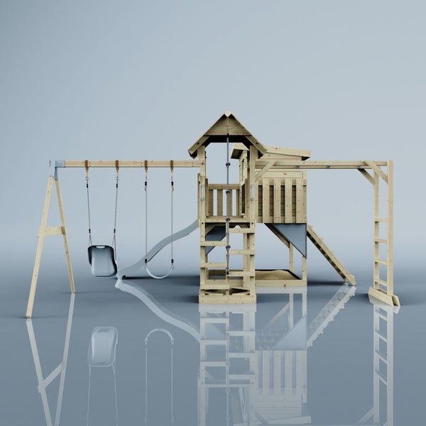 Spielplatz mit Schaukel, Rutsche, Kletterturm und Sandkasten aus Holz