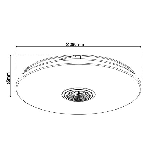 Technische Zeichnung einer Deckenleuchte mit den Maßen 380 mm Durchmesser und 65 mm Höhe.