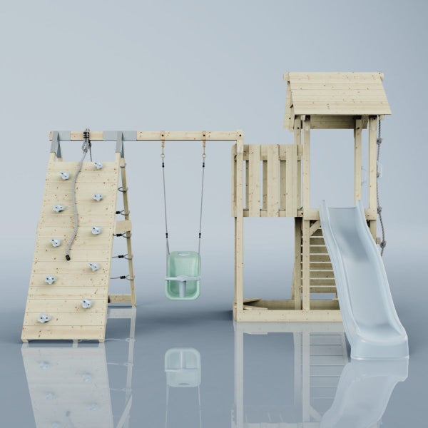 Spielturm aus Holz mit Rutsche, Schaukel und Kletterwand