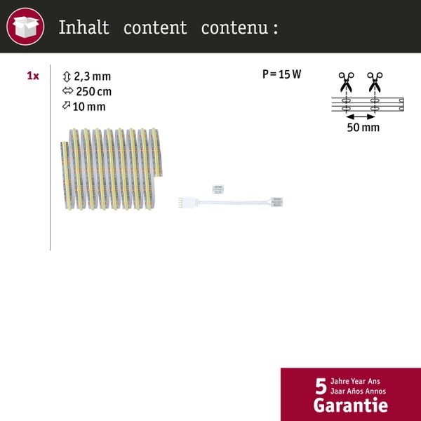 Lieferumfang eines LED Streifens mit 300 Zentimeter Laenge, inklusive Netzteil mit 60 VA, erweiterbar auf maximal 5,5 Meter, 5 Jahre Garantie.
