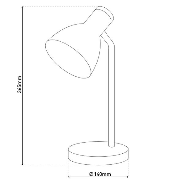 Technische Zeichnung einer Schreibtischlampe mit den Maßen 365 mm Höhe und 140 mm Durchmesser des Fußes.
