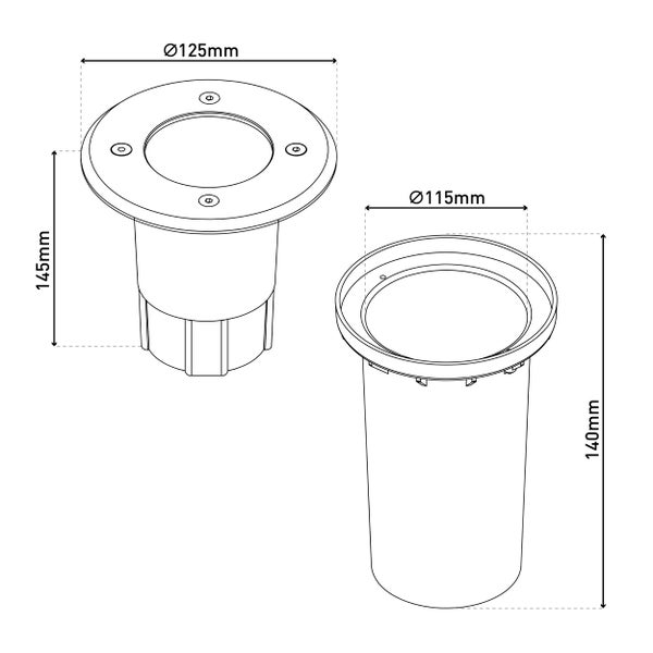 Technische Zeichnung eines Erdhülsensets mit Maßangaben