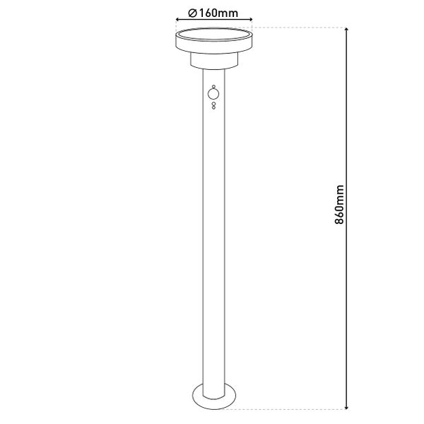 Illustration einer Gartenleuchte mit den Maßen 860 mm Höhe und 160 mm Durchmesser.