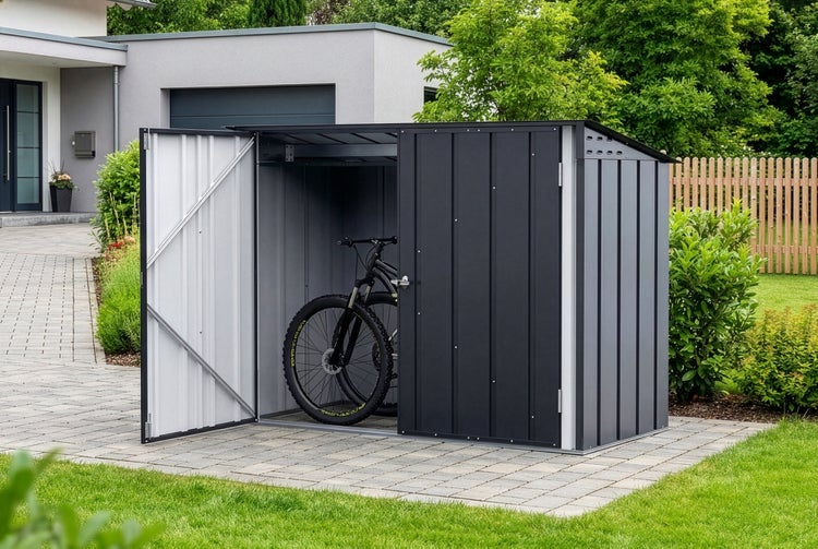 Metall-Fahrradbox in Anthrazit mit einem Mountainbike im Inneren, auf einer gepflasterten Fläche im modernen Garten platziert.