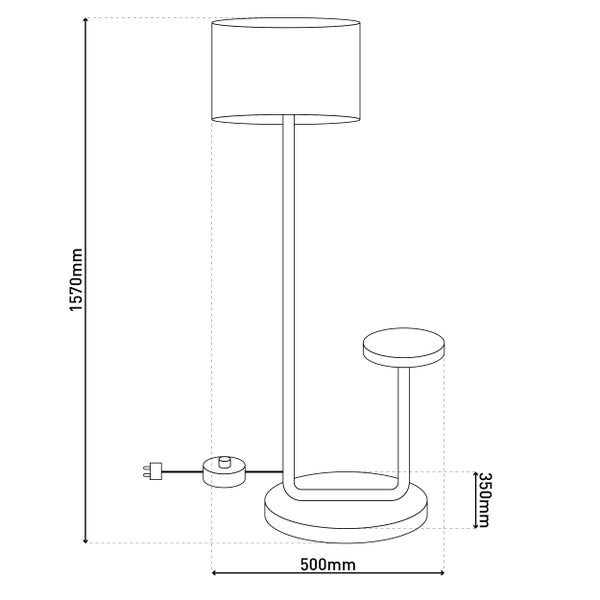 Technische Zeichnung einer Stehlampe mit Ablage und den Maßen 1570 mm Höhe und 500 mm Breite.