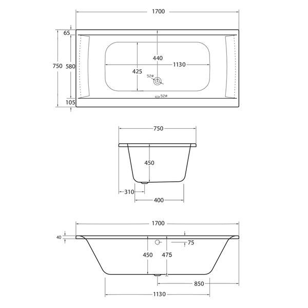 Technische Zeichnung einer Badewanne mit Maßangaben